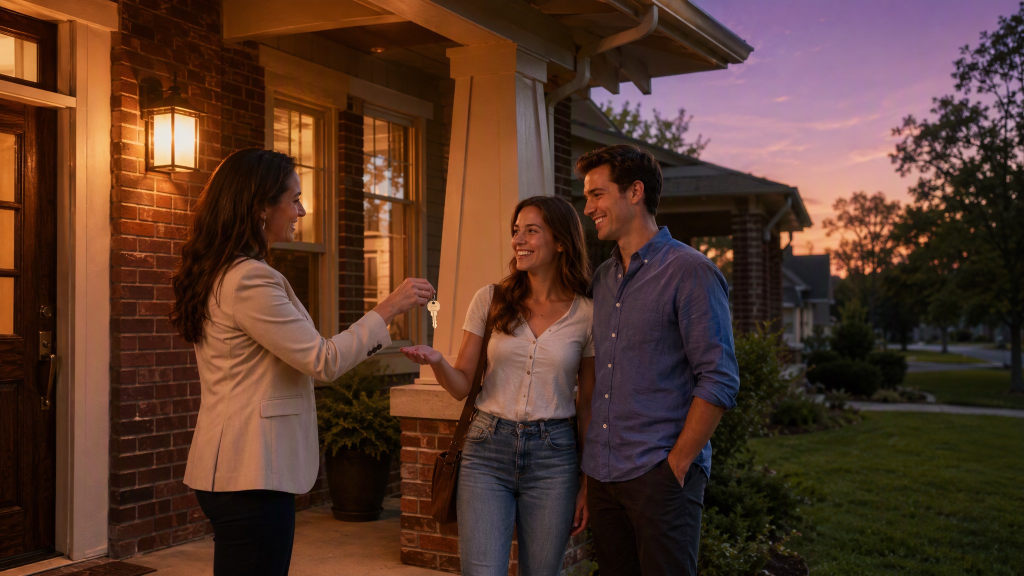 A Curtis Realty Group agent handing keys to a couple on the porch of their craftsman home at dusk